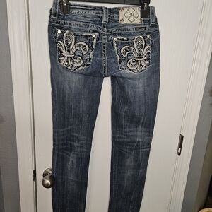 Miss Me Blue Skinny Jeans with Silver Embellishments Fleur De Lis